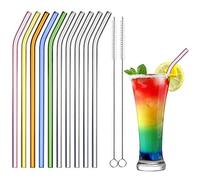 ecooe Pailles en Verre, Incurvé Pailles Réutilisables Sans BPA,10 Transparentes Pailles à Boire Coloré Φ0.8*21.5cm+2 Brosses de Nettoyage, Respectueux de L'environnement, Pour Smoothie, Cocktail, Jus