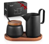 ecooe Set de lait et de sucre - Pot à lait noir en céramique et sucrier, avec couvercle et cuillère en métal, sucrier Barista avec plateau en bois, pot à crème en céramique
