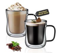 ecooe Tasses en Verre Noir Unique Tasse à Café Double Paroi 350ml Verre à Thé avec Poignée Lot de 2, Tasses à Latte Macchiato pour Thé, Lait, Cadeau D'anniversaire pour un Ami Parent