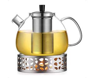 ecooe Théière en Verre avec Infuseur 1500ml avec Chauffe-Théières 18/8 Acier Inoxydable,Theiere Verre avec Infuseur Amovible en Acier Inoxydable,pour le Thé Noir Thé Vert Thé Parfumé Thé aux Fruits