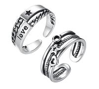 Ecooon Lot de 2 bagues ouvertes en argent sterling 925 avec étoile et cœur - Lettres d'amour réglables - Bagues de fiançailles pour homme et femme - Métal - Sans pierre précieuse