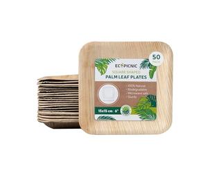 ECOPICNIC Lot de 50 assiettes carrées en feuille de palmier - 15 x 15 cm - Assiettes jetables et compostables - Vaisselle jetable durable pour barbecues, pique-niques et fêtes d'anniversaire