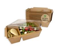 ECOPICNIC Lot de 50 boîtes à repas 1600 ml en papier kraft à 2 compartiments avec couvercle transparent | Boîte à déjeuner jetable, récipient à sushi à emporter, boîte jetable anti-fuite pour fêtes et