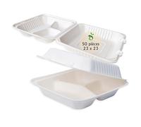 ECOPICNIC Lot de 50 boîtes en Canne à Sucre à 3 Compartiments 230 * 230 * 75 mm | Boîtes Alimentaires biodégradables jetables avec Couvercle, barquettes écologiques pour Repas à emporter