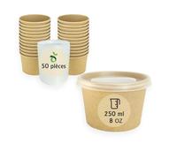 ECOPICNIC Lot de 50 gobelets à Soupe jetables de 250 ML avec Couvercle en PP, gobelets Alimentaires Marron avec revêtement en polyéthylène, Bol à Soupe avec Couvercle