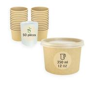 ECOPICNIC Lot de 50 gobelets à Soupe jetables de 350 ML avec Couvercle en PP, gobelets Alimentaires Marron avec revêtement en polyéthylène, Bol à Soupe avec Couvercle