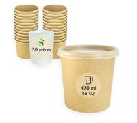 ECOPICNIC Lot de 50 gobelets à Soupe jetables de 470 ML avec Couvercle en PP, gobelets Alimentaires Marron avec revêtement en polyéthylène, Bol à Soupe avec Couvercle