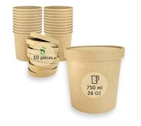 ECOPICNIC Lot de 50 gobelets à Soupe jetables de 750 ML avec Couvercle en Carton Kraft, gobelets Alimentaires Marron avec revêtement en polyéthylène, Bol à Soupe avec Couvercle