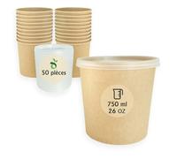 ECOPICNIC Lot de 50 gobelets à Soupe jetables de 750 ML avec Couvercle en PP, gobelets Alimentaires Marron avec revêtement en polyéthylène, Bol à Soupe avec Couvercle