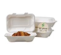 ECOPICNIC Menu Box en Canne à Sucre 230 * 155 * 77 mm, Lot de 50 pièces | Boîtes Alimentaires biodégradables pour Burgers, Repas à emporter, emballages écologiques avec Couvercle