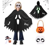 Ecoret-Pro Costume de fantôme d'Halloween pour enfant avec masque et sac à bonbons, costume de fantôme avec effet peau nocturne pour garçons et filles, cosplay, carnaval, noir, taille M