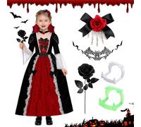 Ecoret-Pro Costume de vampire pour fille, lot de 6 pièces, costume d'Halloween de vampire avec masque et fausses dents, costume de vampire confortable pour carnaval, fête à thème et carnaval, taille S