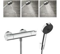 Ecostat Mitigeur thermostatique douche + Douchette à main XXL 105mm 3 jets, Flexible de douche 125cm, support mural