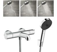 Ecostat Set Mitigeur Thermostatique bain/douche + Douchette à main 105mm 3 jets + Flexible douche 160cm + Support mural, Chrome