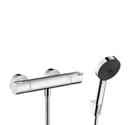 Ecostat Set Mitigeur thermostatique douche + Douchette à main XXL 105mm 3 jets + Flexible de douche 125cm, support mural, Chrome