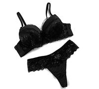 ECOSWAY Femme Femme Soutien-Gorge Push-Up sous-Vêtement Respirant Dentelle Mode avec Slip Culotte Ensemble - Noir, 38
