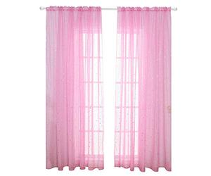 ECOSWAY Romantique Tulle Rideau Fenêtre Écran avec Sequin Étoile Décor pour Séjour - Rose, 1m*2m