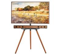 ECOTINY Trépied chevalet TV pour écran LCD LED OLED de 43 à 65", hauteur réglable et pivotant, support TV d'angle portable avec plateau en bois, VESA 400 x 400 mm, minimaliste, noyer noir