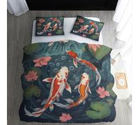 ECOTOS Housse de Couette Poisson Koi 200x200 - Parure de Lit 2 Personne Fleur de Lotus - Ensemble de Literie en Microfibre Douce avec Fermeture éclair, 2 Taies d'oreiller 65x65 cm