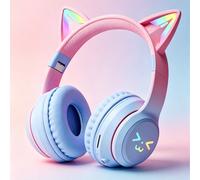 Écouteurs Bluetooth sans fil avec oreilles de chat mignons, avec lumières LED, oreillettes pliables et réglables, design confortable sur l'oreille, convient aux filles, compatible avec iOS/Android, ap
