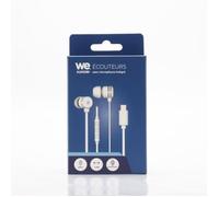 Ecouteurs WE filaire intra. Câble plat 1,20m, connecteur USB-C, boîtier de contrôle du volume et microphone intégré. Blanc