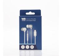 Ecouteurs filaire WE intra. Câble plat 1,20m, connecteur USB-C, boîtier de contrôle du volume et microphone intégré. Blanc