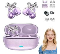Écouteurs intra-auriculaires à clip violets pour femmes - Bluetooth sans fil, réduction de bruit par IA, décoration en strass, traduction IA en