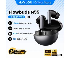 Écouteurs sans fil HAYLOU Flowbuds N55, réduction de bruit adaptative ANC 54 dB, Bluetooth 6.0, audio haute résolution LDAC, appels HD 6 micros, autonomie 40 h, IPX5 Black