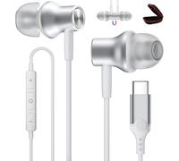 Ecouteurs USB C pour Samsung A55 A35 A33 A54 A34 S24 FE S23 Écouteurs USB Type C Filaire Casque Intra Auriculaire Magnétique avec Micro pour iPhone 16 15 Pixel 9/8a POCO X6 Pro Blanc Argent