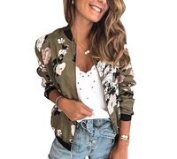 ECOWISH Veste bomber décontractée à fermeture éclair pour femme, col rond, léger, court, coupe-vent avec poche, motif floral/camouflage, Army Green-2., X-Large