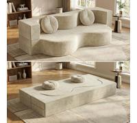 Ecoxsnz Canapé-lit pliable 2 en 1, 150 cm, canapé de sol et matelas de lit, mousse hautement élastique, housse amovible, avec 2 coussins ronds, pour salon, chambre d'amis et petits espaces