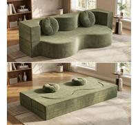 Ecoxsnz Canapé-lit pliable 2 en 1, canapé de sol et matelas de lit, mousse hautement élastique, housse amovible, avec 2 coussins ronds, pour salon, chambre d'amis et petits espaces