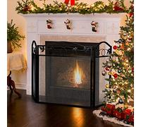 Écran de cheminée en fer forgé à 3 panneaux, clôture de cheminée solide pour bébé, conception de feuilles, protection contre les étincelles, couverture en maille de décoration extérieure en métal