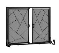 Écran de cheminée Pare-feu à double porte avec portes battantes Cadre en fonte Garniture maille métallique durable Noir