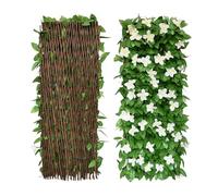 Écran de Feuillage Artificiel, Clôture Extensible d'Intimité pour Balcon, Terrasse, Extérieur, Panneau de Clôture Décoratif en Faux Lierre, Haies Artificielles 30x200cm - Étendu (1pcs, Fleurs Blanches