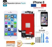ÉCRAN LCD IPHONE 8 BLANC AVEC VITRE TACTILE SUR CHASSIS + OUTILS + VERRE TREMPE