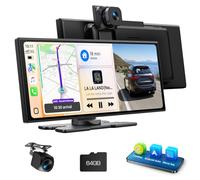 Écran Voiture 10,25 Pouces Carplay sans Fil avec Caméra de Conduite 2,5K + 1080P Compatible AppIe Carplay et Android Carplay Portable Autoradio Assistant Navigation 64GB TF Mirrorlink Bluetooth AUX
