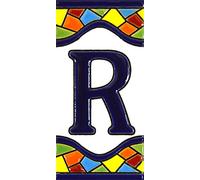 Écriteaux avec numéros et lettres. Carreaux de céramique polychromée, peints à la main dans technique corde sèche (cuerda seca) pour plaques avec numéros, noms, directions et signalisation. Un texte personnalisable. Dessin MOSAICO MEDIANO 10,9 cm x 5,4 cm. (LETTRE "R")