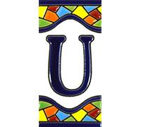 Écriteaux avec numéros et lettres. Carreaux de céramique polychromée, peints à la main dans technique corde sèche (cuerda seca) pour plaques avec numéros, noms, directions et signalisation. Un texte personnalisable. Dessin MOSAICO MEDIANO 10,9 cm x 5,4 cm. (LETTRE "U")