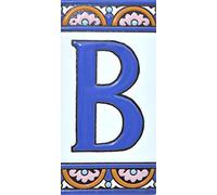Écriteaux avec numéros et lettres. Carreaux de céramique polychromée, peints à la main dans technique corde sèche (cuerda seca) pour plaques avec numéros, noms, directions et signalisation. Texte personnalisable. Dessin ARCO GRANDE 14,9 cm x 7,4 cm. (LETTRE "B")