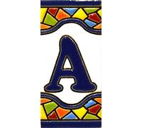 Écriteaux avec numéros et lettres. Carreaux de céramique polychromée, peints à la main dans technique corde sèche (cuerda seca) pour plaques avec numéros, noms, directions et signalisation. Un texte personnalisable. Dessin MOSAICO MINI 7,3 cm x 3,5 cm. (LETTRE "A")