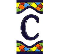 Écriteaux avec numéros et lettres. Carreaux de céramique polychromée, peints à la main dans technique corde sèche (cuerda seca) pour plaques avec numéros, noms, directions et signalisation. Un texte personnalisable. Dessin MOSAICO MEDIANO 10,9 cm x 5,4 cm. (LETTRE "C")