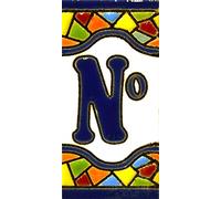 Écriteaux avec numéros et lettres. Carreaux de céramique polychromée, peints à la main dans technique corde sèche (cuerda seca) pour plaques avec numéros, noms, directions et signalisation. Un texte personnalisable. Dessin MOSAICO MINI 7,3 cm x 3,5 cm. (SYMBOLE "NUMÉRO Nº ")
