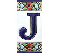 Écriteaux numéros et lettres. Carreaux céramique peints à la main avec technique corde sèche (cuerda seca). Noms, directions et signalisation. Dessin FLORES MINI 7,3 cm x 3,5 cm. (LETTRE "J")