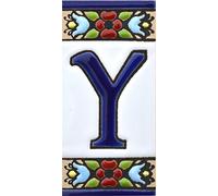 Écriteaux numéros et lettres. Carreaux céramique peints à la main avec technique corde sèche (cuerda seca). Noms, directions et signalisation. Dessin FLORES MINI 7,3 cm x 3,5 cm. (LETTRE "Y")