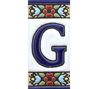 Écriteaux numéros et lettres. Carreaux céramique peints à la main avec technique corde sèche (cuerda seca). Noms, directions et signalisation. Dessin FLORES MINI 7,3 cm x 3,5 cm. (LETTRE "G")