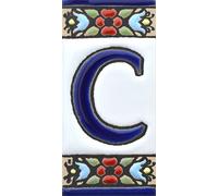 Écriteaux numéros et lettres. Carreaux céramique peints à la main avec technique corde sèche (cuerda seca). Noms, directions et signalisation. Dessin FLORES MINI 7,3 cm x 3,5 cm. (LETTRE "C")