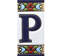 Écriteaux numéros et Lettres. Carreaux céramique Peints à la Main avec Technique Corde sèche (cuerda seca). Noms, Directions et signalisation. Dessin Flores Mini 7,3 cm x 3,5 cm. (Lettre P)