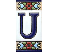 Écriteaux numéros et lettres. Carreaux céramique peints à la main avec technique corde sèche (cuerda seca). Noms, directions et signalisation. Dessin FLORES MINI 7,3 cm x 3,5 cm. (LETTRE "U")