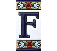 Écriteaux numéros et Lettres. Carreaux céramique Peints à la Main avec Technique Corde sèche (cuerda seca). Noms, Directions et signalisation. Dessin Flores Mini 7,3 cm x 3,5 cm. (Lettre F)